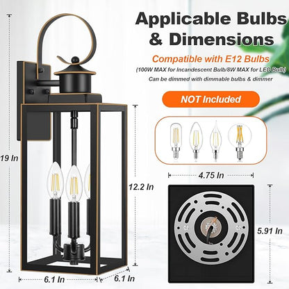 3-Light Outdoor Wall Light Fixtures, 19 Inch Large Waterproof Exterior Wall Sconces with Glass Shades, Black with Gold Trim Anti-Rust Outside Wall Lantern for House, Front Porch, Patio, Garage