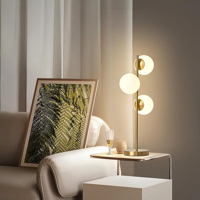 Mid-Century Modern 3 Globe Table Lamp with White Glass Shades - Gold LED Nightstand Light for Bedroom & Office