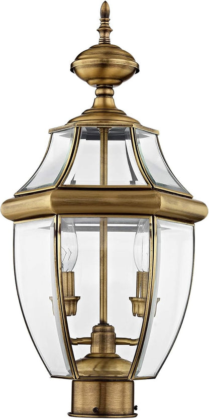 Livex Lighting 2254-01 Monterey 2 Light Outdoor Antique Brass Finish Solid Brass Post Head with Clear Beveled Glass