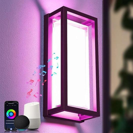 LED Outdoor Wall Light Color Changing, 14 Inch Modern RGBCW Wall Sconce, 22W 1800LM Exterior Light Fixture, Smart Porch Lights Tuya App Control, ETL Certified