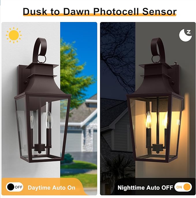 Outdoor Wall Sconces 2-Light, 20.98" Waterproof Wall Lantern Exterior Wall Mount with Tempered Glass, Oil Rubbed Bronze Dusk to Dawn Outdoor Lighting for Patio, Front Door, Garage