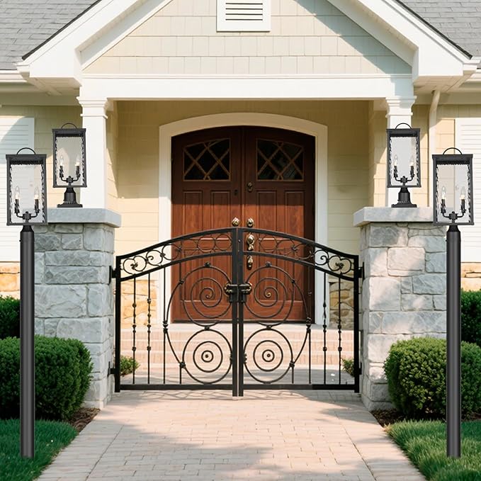 Outdoor Post Light Fixture, Modern Black Pole Lantern with Water Ripple Glass, Farmhouse Exterior Post Cap Lamp with E12 Sockets for Garden, Pathway, Courtyard, Patio, Porch, Driveway, Street