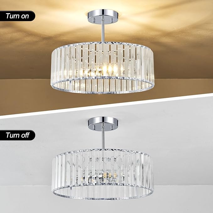 Crystal Chrome Semi Flush Mount Ceiling Light Modern Hallway Light Fixture Metal Close to Lamp for Kitchen Living Room Bathroom Entryway Bedroom(15.75 inch)