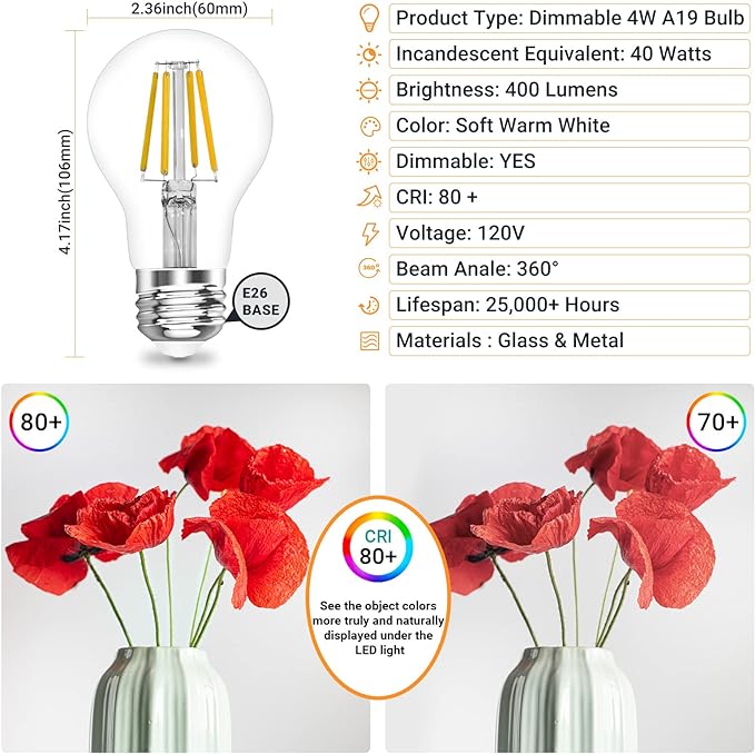A19 E26 Base Dimmable Edison LED Bulb, 4W(40 Watt Equivalent) Stepless Dimming Light Bulbs 400lm, 3000K Soft Warm White, Vintage Clear Glass LED Filament Bulb for Home, Wall Sconce, Chandelier, 6 Pack