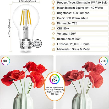A19 E26 Base Dimmable Edison LED Bulb, 4W(40 Watt Equivalent) Stepless Dimming Light Bulbs 400lm, 3000K Soft Warm White, Vintage Clear Glass LED Filament Bulb for Home, Wall Sconce, Chandelier, 6 Pack