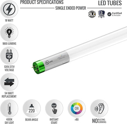 LEDMyplace 18W 4ft LED Glass Tube Light Bulb, 4000K Cool White, 1800 Lumens, Replace 50W, Clear Lens, UL & DLC Listed, 120-277V, Single Ended Ballast Bypass Bulbs for Supermarkets, Pack of 15