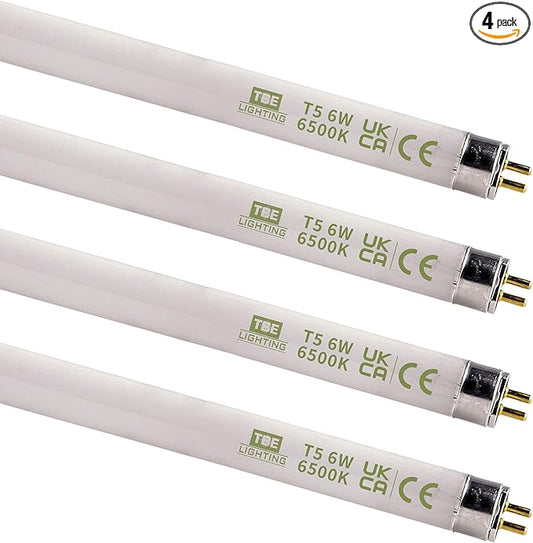 TBE LIGHTING 6w / 9 inch Daylight White 6500K Tubes - F6T5/SW Fluorescent Tube Lamps 225mm / 9''- CFL Bulbs - G5 2-Pin Base Fittings - T5 High Efficiency Lamps (4-Pack)