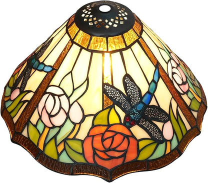 Tiffany Style Lamp Shade, 12 Inch Dragonfly Roses Stained Glass Lamp Shade Replacement Vintage Lamp Cover Accessories Fit for Table Lamp Pendant Light Ceiling Light