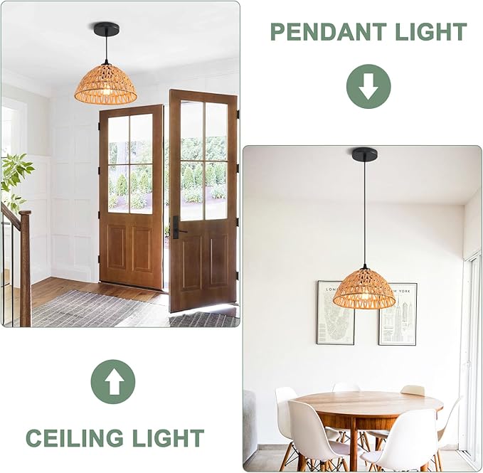 3 Pack Woven Pendant Light Fixtures,10.2" Brown Rattan Pendant Lights Farmhouse Basket Light Fixture Adjustable Boho Hanging Lamp for Kitchen Island Bedroom Dining Room Foyer Hallway