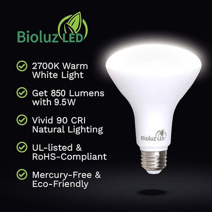 Bioluz LED 4 Pack BR30 LED Bulbs Indoor Flood Lights 90+ CRI 75W Equivalent uses 9.5W 2700K Warm White 850 Lumens E26 Base Dimmable Instant On Interior Home Décor UL Listed FCC RoAS Title 20 Certified