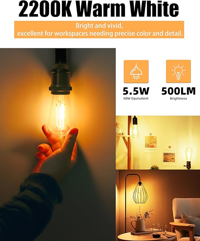 Lumiverse Dimmable Vintage LED Edison Bulbs, 60W Equivalent Dimmable Light Bulbs, 2200K Warm White, Antique Style ST58 LED Filament Bulbs, E26 Base LED Bulb 5.5W, Clear Glass, Pack of 60