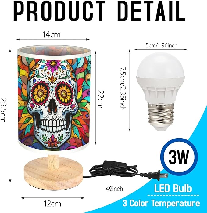Day of The Dead Table Lamp LED 3-Color Pressed Bedside, Day of The Dead Shade Lamp with Wood Base for Bedroom Living Room Desk Office TL01