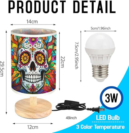 Day of The Dead Table Lamp LED 3-Color Pressed Bedside, Day of The Dead Shade Lamp with Wood Base for Bedroom Living Room Desk Office TL01