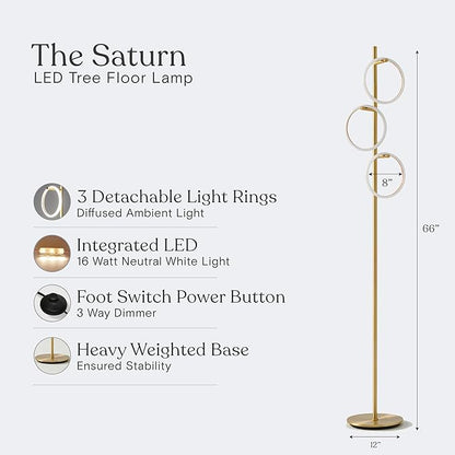 Brightech Saturn Floor Lamp, Great Living Room Decor, Tall Contemporary Standing Tree Light for Offices, Living Rooms, with 3 LED Heads for Bedroom Reading - Gold/Brass