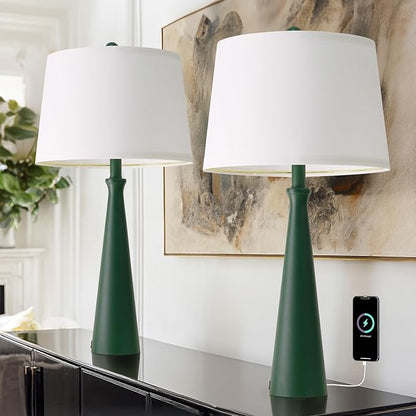 Oneach 25.75" Green Table Lamp Set of 2, Bedside Lamps with USB Ports, Modern Nightstand Lamps Set for Living Room Bedroom House Bedside Home Office Family