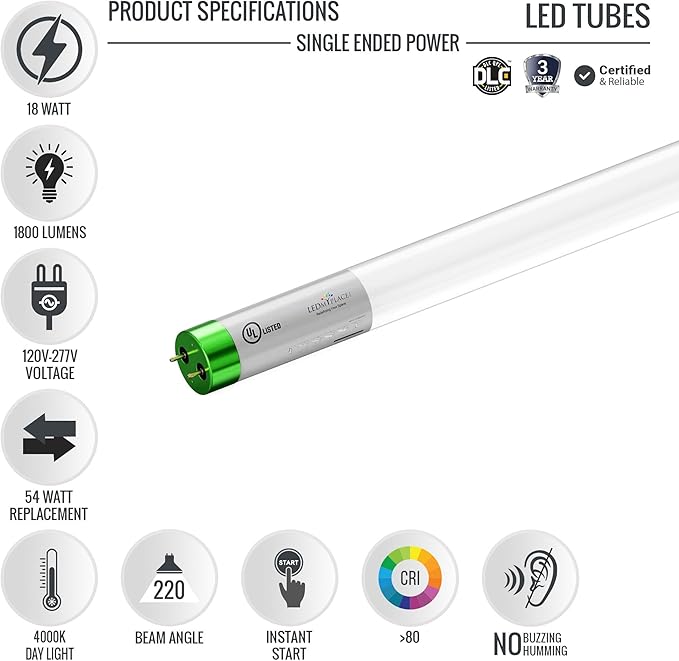 LEDMyplace 4ft LED 18W Glass Tube Light Bulb, 4000K Cool White, 1800 Lumens, Clear Lens, Replace 50W, UL DLC Listed, Single Ended Ballast Bypass for Garages, Factory, Supermarkets, Pack of 30