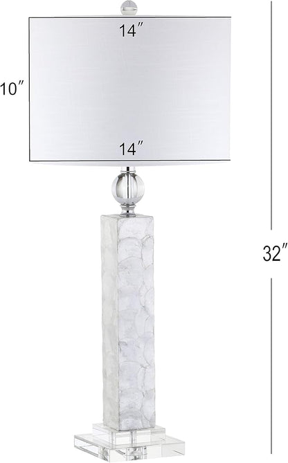 JONATHAN Y JYL4006A-SET2 32" Modern Coastal Seashell Table Lamp Set of 2 for Living Room Bedroom, Contemporary Column Bedside Nightstand Lamps with Crystal Base and White Linen Drum Shade, White