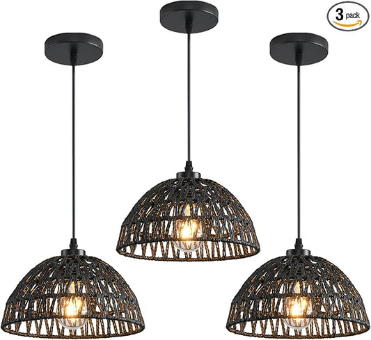 3 Pack Woven Pendant Light Fixtures,10.2" Black Rattan Pendant Lights Farmhouse Basket Light Fixture Adjustable Boho Hanging Lamp for Kitchen Island Bedroom Dining Room Foyer Hallway