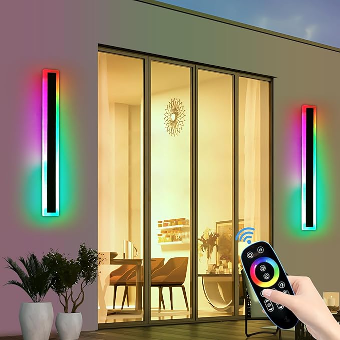 2 Pack 31.4inch Modern Outdoor Wall Lights, RGB Dimmable LED Wall Sconce Light with Remote Control, 10 Colors, 5 Modes, IP65 Waterproof Exterior Light Fixture for Porch, Patio, Garage
