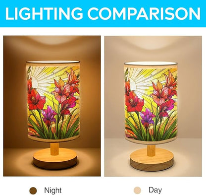 Gladiola Flower Table Lamp LED 3-Color Pressed Bedside, Gladiola Flower Shade Lamp with Wood Base for Bedroom Living Room Desk Office TL01