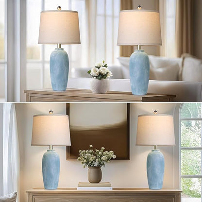 25“ Jar Table Lamps Set of 2, Ceramic Bedside Lamps for Bedroom, Beige Farmhouse Nightstand Lamps for Living Room