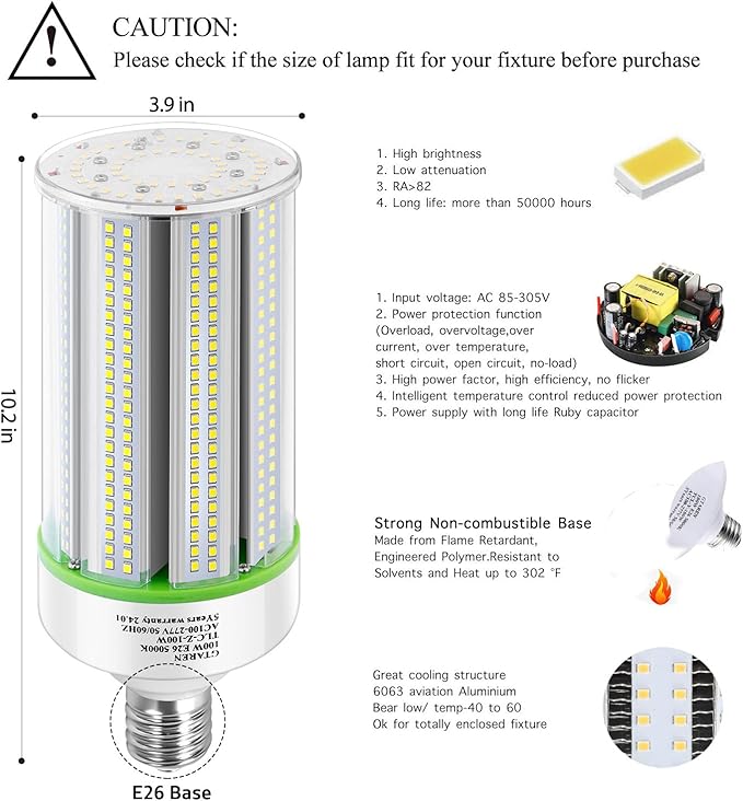 2-Pack 100W LED Corn Bulbs,5000K,AC110-277V,14000lm,E26/E39 Base,LED Replacement Metal Halide HID CFL for Commercial Industrial Lighting Warehouse High Bay Light Fixture Garage Workshop