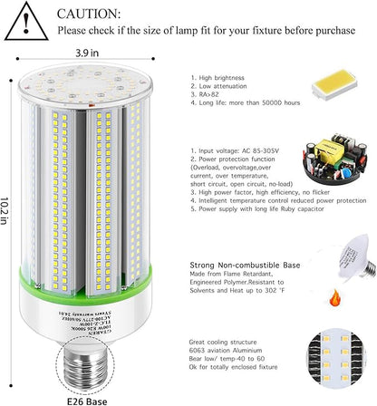 2-Pack 50w Corn LED Light Bulb,E26/E39 led Bulbs,120-277v 5000k,Replacement HID HPS Mercury Vapor CFL Metal Halide Lamp for Indoor Outdoor Garage Yard Driveway Storage Room Work Shop