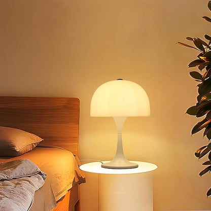 Modern Sleek Table Lamp for Bedroom, 3-Light LED End Table Lamp for Living Room, Office, Milky White Acrylic Shade Metal Mushroom Desk Lamp for Bedside Night Light, White Base