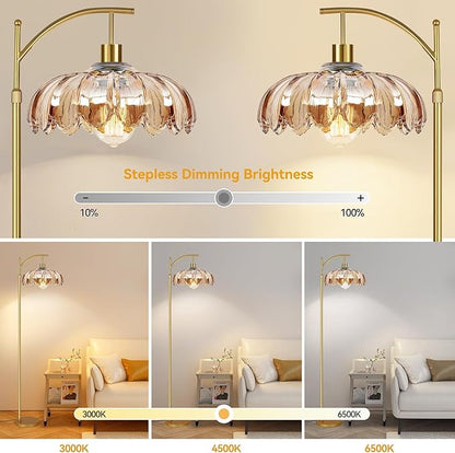 Gold Arc Floor Lamp for Living Room with Remote,Dimmable Modern Floor Lamps with Amber Glass Shade,Unique Vintage Flower Standing Tall Lamp,Mid Century Floor Lamps for Bedroom Office Corner