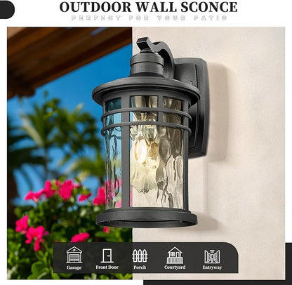 Outdoor Wall Light Fixtures 12 Inch Black Exterior Wall Mount Lantern with Water Ripple Glass Porch Light Sconces for House Garage E26 Socket
