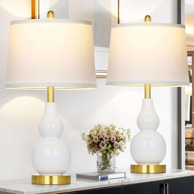 25" Ceramic Table Lamps Set of 2, Modern Double Gourd Ceramic Table Lamp for Living Room, White Rustic Farmhouse Bedside Nightstand Lamp with Fabric Shades for Bedroom Desk End Table Home Office Decor
