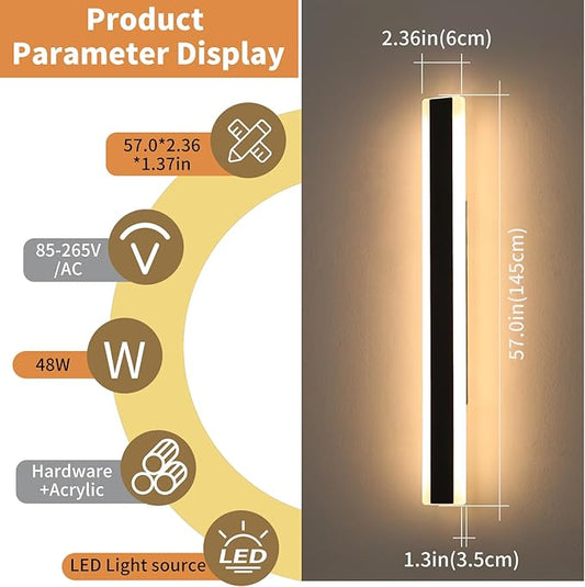 Modern Outdoor Wall Lights, 57inch Long Linear LED Wall Sconce, 3000K Warm White, IP65 Waterproof, 50W, Minimalist Lamp Black Exterior Lighting Fixture for Porch, Garden, Yard