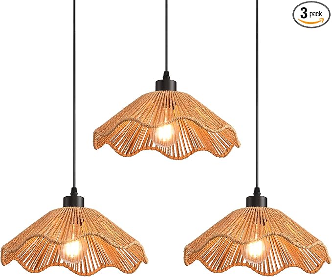 3 Pack Brown Woven Pendant Light Fixtures,11.81" Rattan Pendant Lights Farmhouse Basket Light Fixture Adjustable Boho Hanging Lamp for Kitchen Island Bedroom Dining Room Foyer Hallway