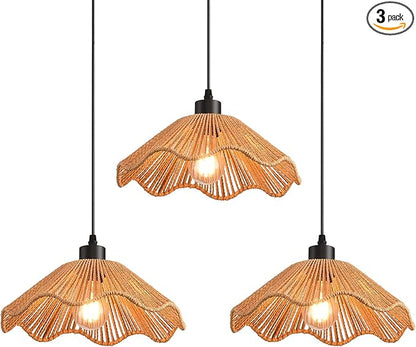 3 Pack Brown Woven Pendant Light Fixtures,11.81" Rattan Pendant Lights Farmhouse Basket Light Fixture Adjustable Boho Hanging Lamp for Kitchen Island Bedroom Dining Room Foyer Hallway