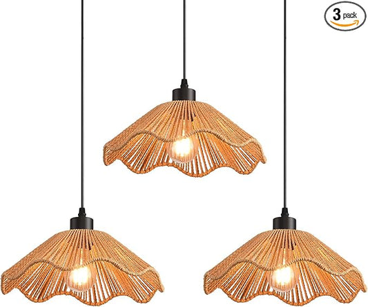 3 Pack Brown Woven Pendant Light Fixtures,11.81" Rattan Pendant Lights Farmhouse Basket Light Fixture Adjustable Boho Hanging Lamp for Kitchen Island Bedroom Dining Room Foyer Hallway