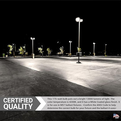 Diodesy- M57 Metal Halide Lamp 175W Probe Start 13000 Lumen E26 Medium Base 4200K Cool-White White Coated ED17 Shape 10000 Hour High Intensity Discharge Outdoor Light Bulb for Street Parking Pack of 2