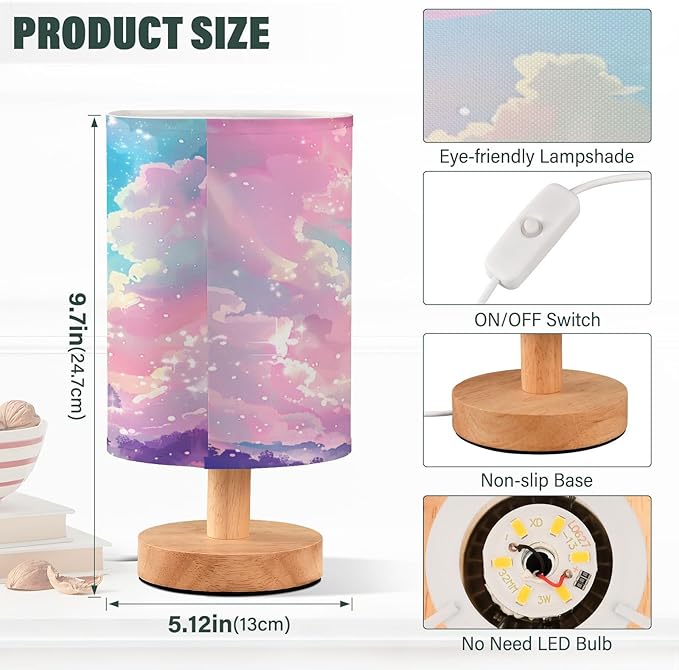 Bedside Lamp Princess Castle Pink Sky Table Lamp for Bedroom LED Nightstand Lamp Shade USB Ports Wood Base for Living Room Dorm Office