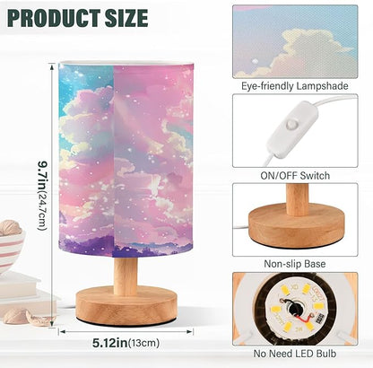 Bedside Lamp Princess Castle Pink Sky Table Lamp for Bedroom LED Nightstand Lamp Shade USB Ports Wood Base for Living Room Dorm Office