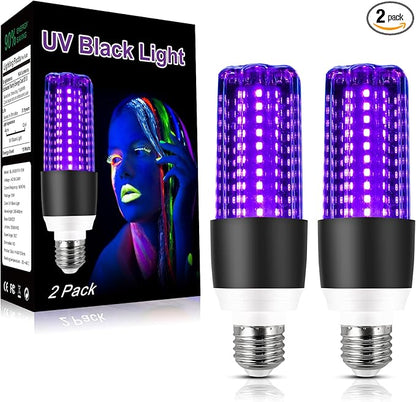 LED Black Light Bulb 15W UV Blacklight 100W Replacement 120V E26 Base, UVA Level 395-400nm Glow in The Dark for Body Pain, Blacklights Party, Halloween Decoration，2 Pack
