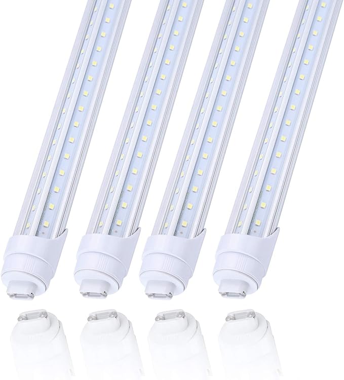4Pack R17d V shaped Rotatable 2pin base 8 foot led bulbs Double Row 65W,Need Bypass Ballast,Replace 150W Fluorescent Shop Lights Dual-Ended Power, Cold White 6000K,clear Cover, AC 90-277V