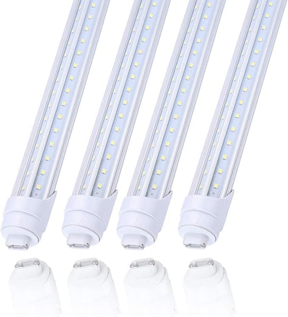 4Pack R17d V shaped Rotatable 2pin base 8 foot led bulbs Double Row 65W,Need Bypass Ballast,Replace 150W Fluorescent Shop Lights Dual-Ended Power, Cold White 6000K,clear Cover, AC 90-277V