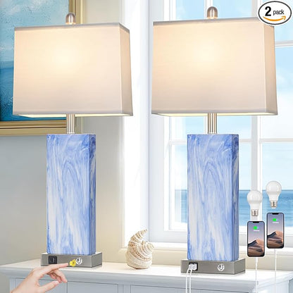 28.5" Coastal Blue Ceramic Table Lamps Set of 2, 3-Way Touch Control Bedroom Lamp with USB C+A Ports, Tall Square Lamps for Living Room, Elegant Bedside Lamps for Nightstand Side End Table