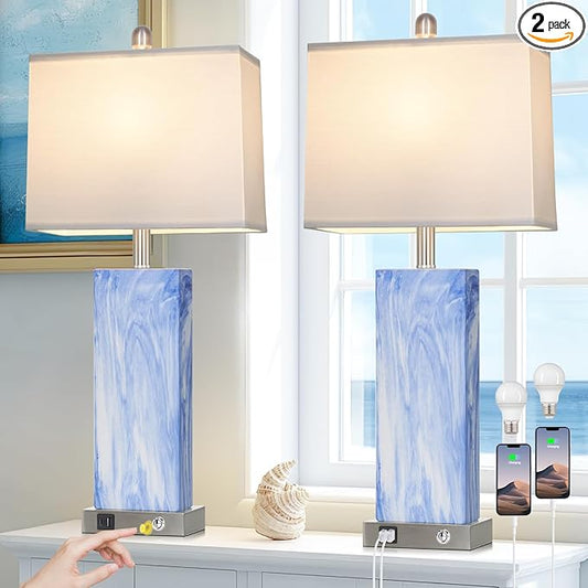 28.5" Coastal Blue Ceramic Table Lamps Set of 2, 3-Way Touch Control Bedroom Lamp with USB C+A Ports, Tall Square Lamps for Living Room, Elegant Bedside Lamps for Nightstand Side End Table