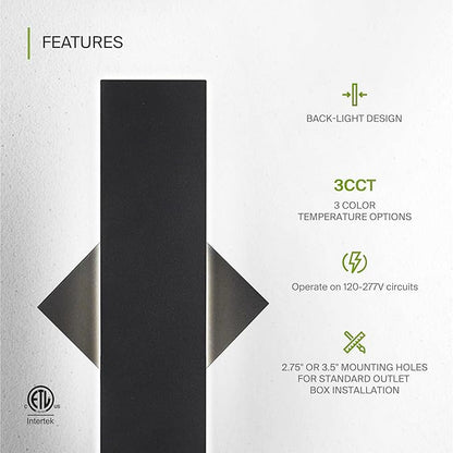 ASD LED 18" Long Wall Mount Light Fixture, Outdoor & Indoor Linear Sconce | 3CCT, Dimmable, Waterproof, Anti-Rust, ETL Listed | 18W 1200LM 3000-5000K 100-277V | Exterior Porch Lighting | Black