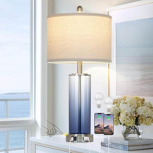 26 Inch Blue Glass Lamp Single, 3-Way Dimmable Touch Control Coastal Bedroom Table Lamp with USB C+A Ports & AC Outlet, Bed Side Lamps for Nightstand, Living Room Lamps for Side Table Office