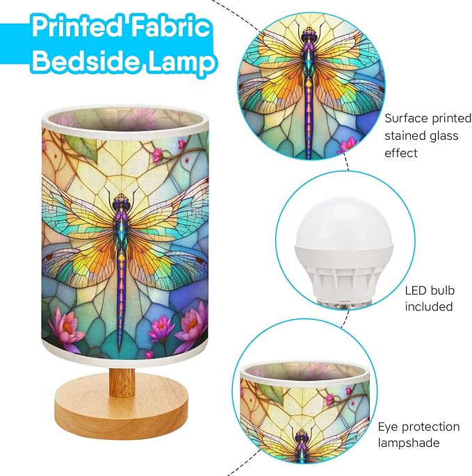 Dragonfly Table Lamp LED 3-Color Pressed Bedside, Dragonfly Shade Lamp with Wood Base for Bedroom Living Room Desk Office TL01