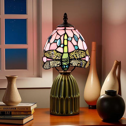 Stained Glass Mushroom Table Lamps 6X6X12.5 Inch Pink Dragonfly Style Small Night Light Ceramic Base Mini Accent Desk Light Suitable for Bedside Table Bedroom Children Room