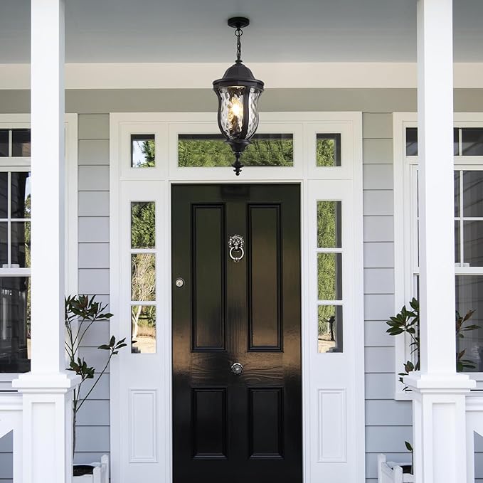Large Outdoor Pendant Light Fixtures, 23.6'' Exterior Hanging Lantern Porch Light Adjustable, Black Hanging Lamp Farmhouse Exterior Chandelier Ceiling Mount for Entrance Patio