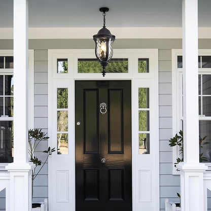Large Outdoor Pendant Light Fixtures, 23.6'' Exterior Hanging Lantern Porch Light Adjustable, Black Hanging Lamp Farmhouse Exterior Chandelier Ceiling Mount for Entrance Patio
