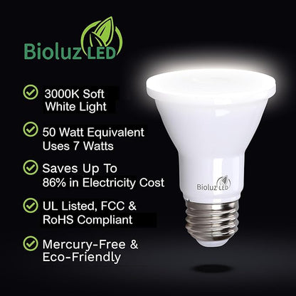 Bioluz LED 10 Pack PAR20 LED Bulbs 3000K Soft White Dimmable 50 Watt Equivalent Using 7W, Spot Light Bulb E26 Base 40 Degree Beam Angle UL Listed FCC RoHS Compliant